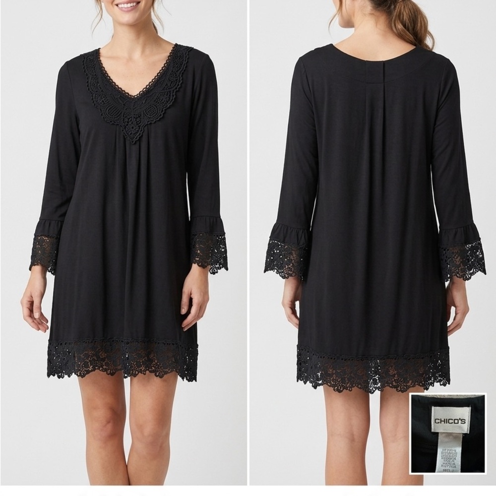 Chico's Black Crochet-Trim V-Neck Shift Dress Chicos size 1